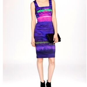 Karen Millen Purple Green Watercolor Print Lined Bodycon Dress US-6 UK-10